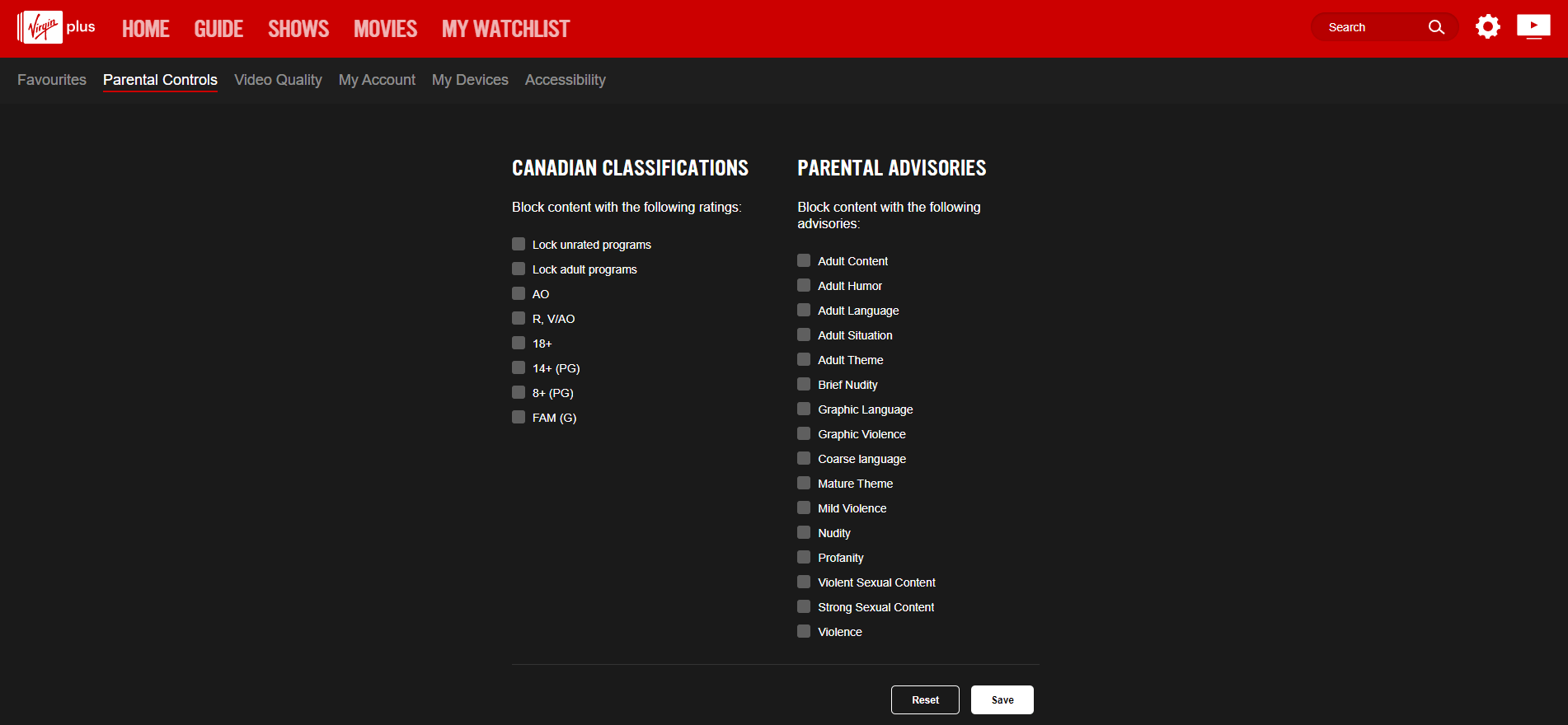 In the left column, set parental controls that will use the Canadian classifications.