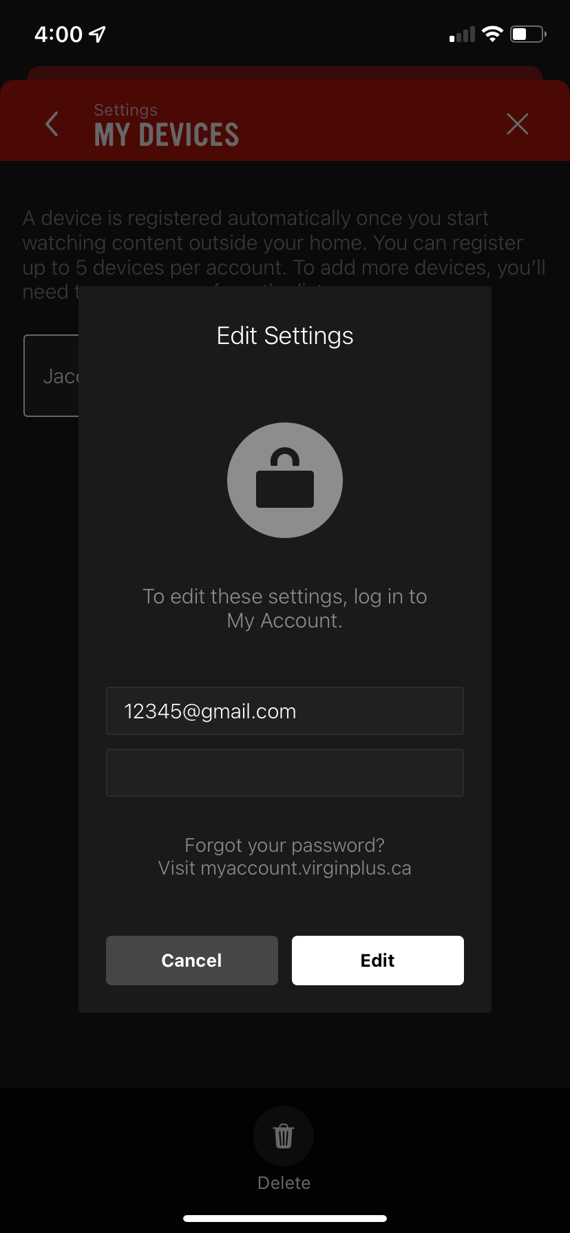 Enter your username and touch Edit.