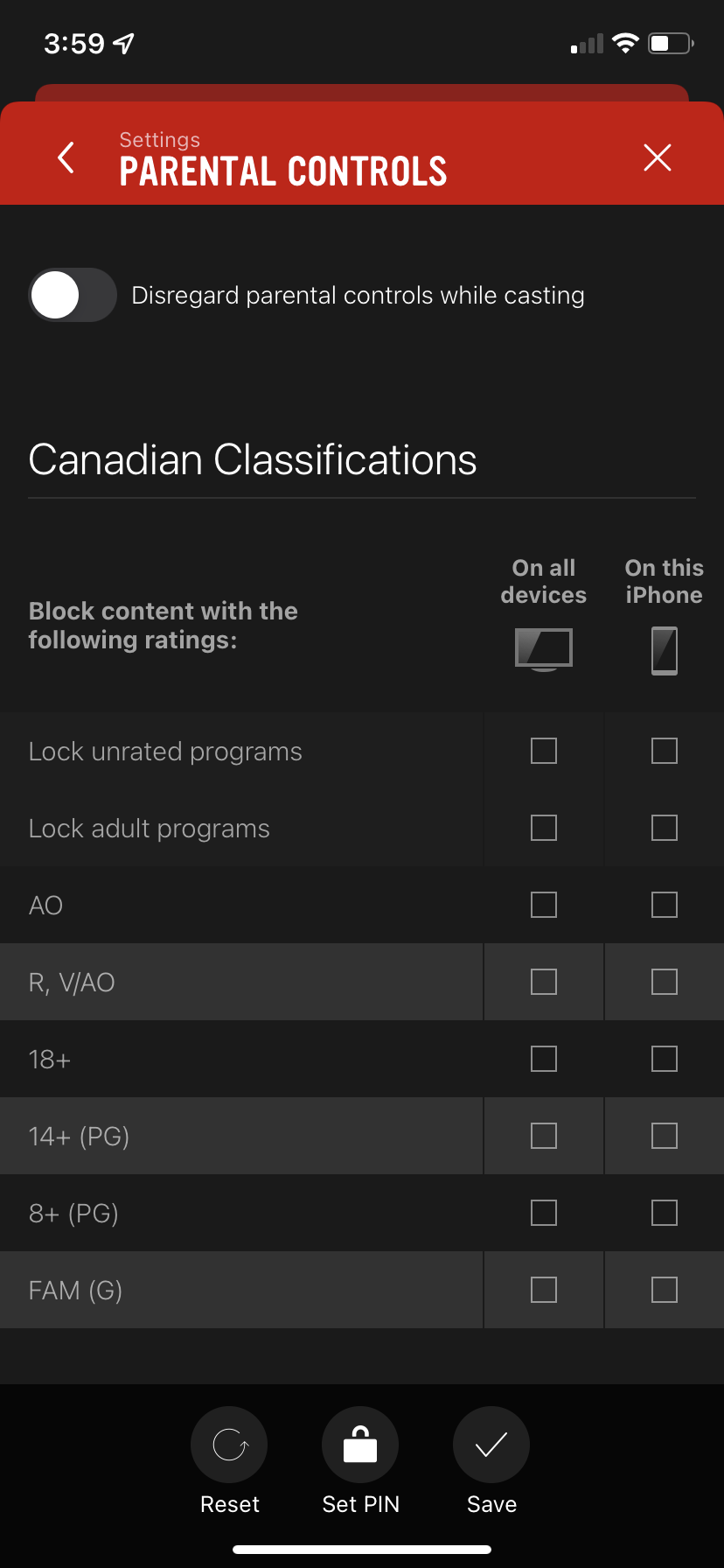In the left column, set parental controls that will apply to all devices, current and future, that are linked to your account.
