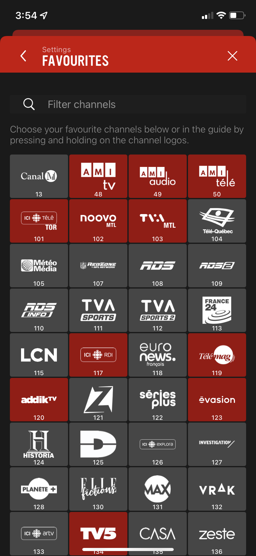 Touch the channels you would like to set as favourites.
