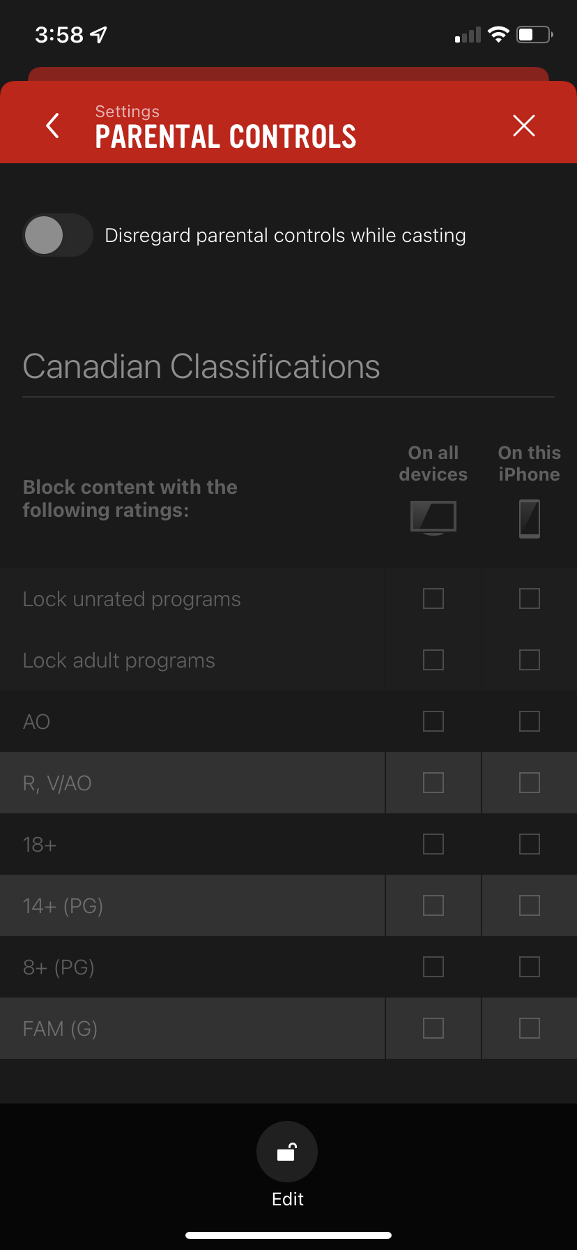 Touch Edit to change the parental controls.