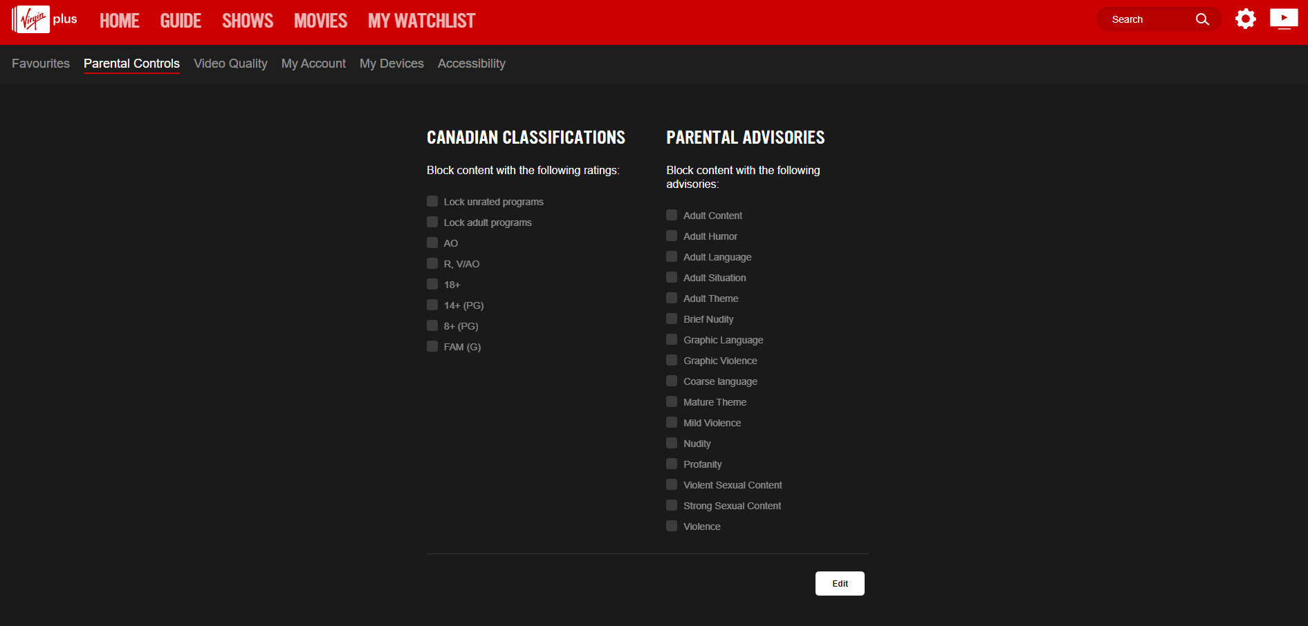 Click Edit to change the parental controls.