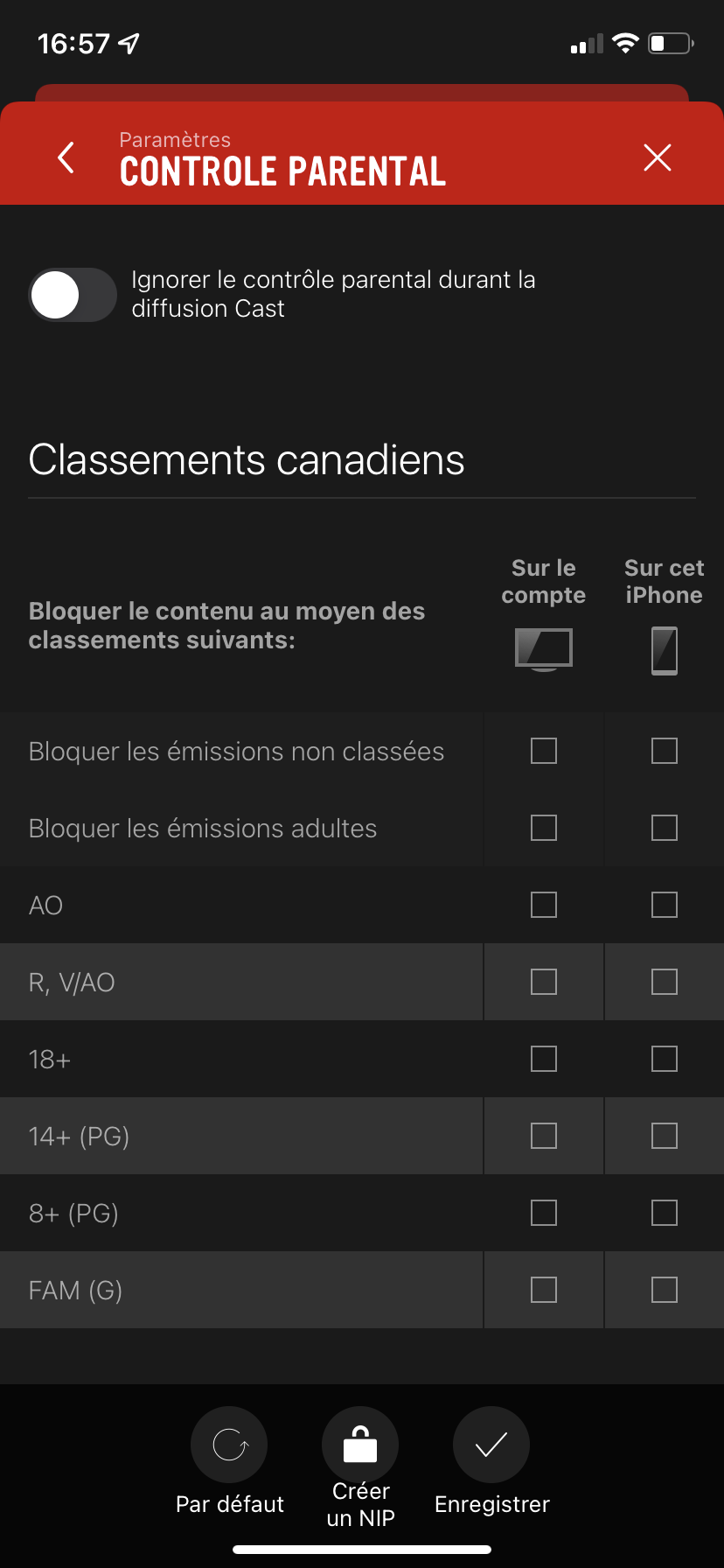 Dans la colonne de gauche, définissez le contrôle parental qui s’appliquera à tous les appareils (actuels ou futurs) qui sont liés à votre compte.