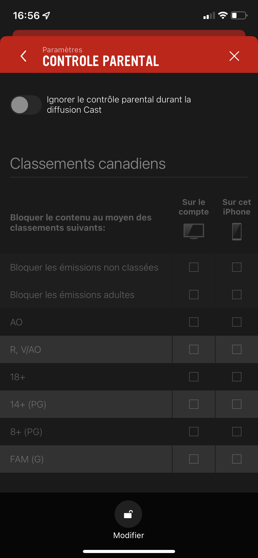 Touchez Modifier pour modifier le contrôle parental.